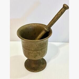 Antique Solid Brass Mortar Pestle Pharmacy Apothecary Large 6” Vintage Syria